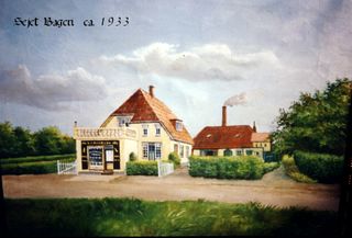 Et maleri af Sejet Bageri ca. 1940. Bageri i bagbygningen og butik ud mod Sejet Bygade.